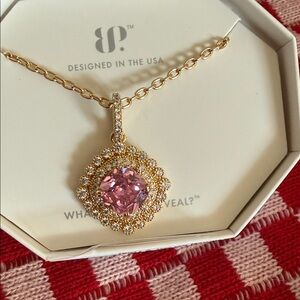 bp Gold-Tone Necklace with Pink Crystal Halo Pendant